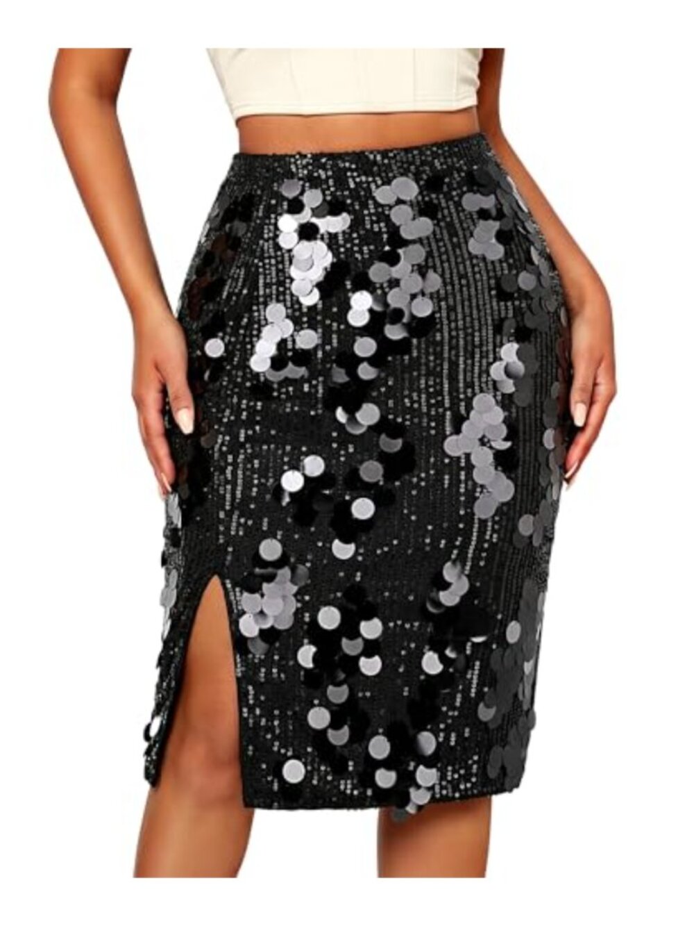 Sequin Skirt High-Waist Knee-Length Side Slit Stretch Party Skirt